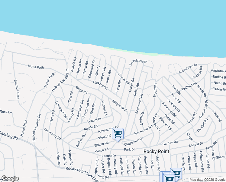 map of restaurants, bars, coffee shops, grocery stores, and more near 61 Hickory Road in Rocky Point