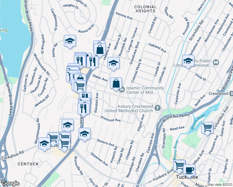 map of restaurants, bars, coffee shops, grocery stores, and more near 100 Underhill Street in Yonkers