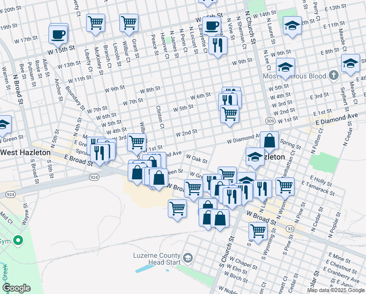 map of restaurants, bars, coffee shops, grocery stores, and more near 517 Peace Street in Hazleton