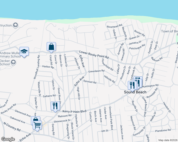 map of restaurants, bars, coffee shops, grocery stores, and more near 22 Long Beach Drive in Sound Beach