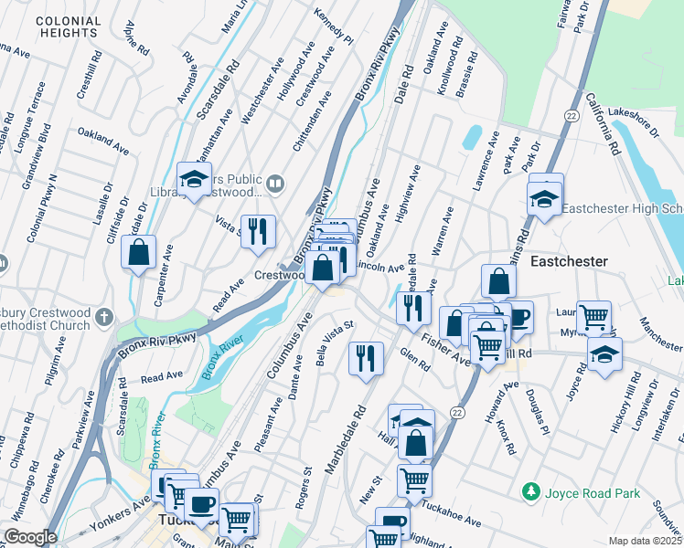 map of restaurants, bars, coffee shops, grocery stores, and more near Crestwood Station Plaza in Tuckahoe