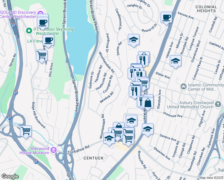 map of restaurants, bars, coffee shops, grocery stores, and more near 75 Newkirk Road in Yonkers