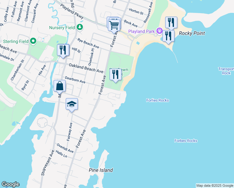 map of restaurants, bars, coffee shops, grocery stores, and more near 62 Cornell Place in Rye