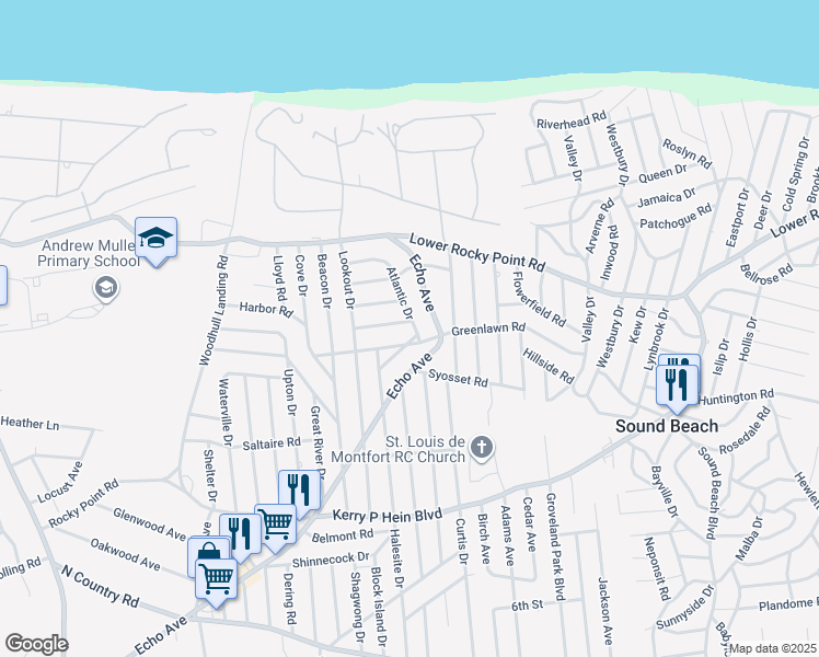 map of restaurants, bars, coffee shops, grocery stores, and more near 4 Atlantic Drive in Sound Beach