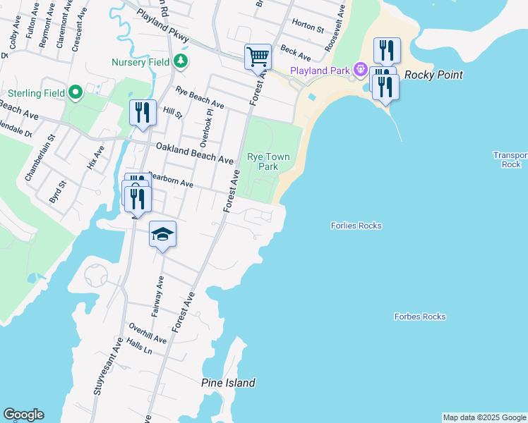 map of restaurants, bars, coffee shops, grocery stores, and more near 62 Cornell Place in Rye