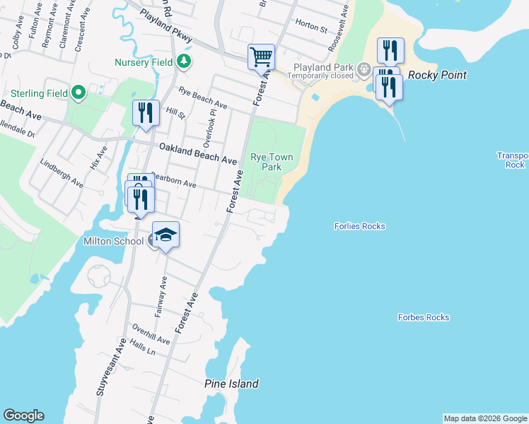 map of restaurants, bars, coffee shops, grocery stores, and more near 62 Cornell Place in Rye