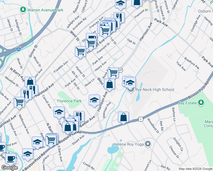 map of restaurants, bars, coffee shops, grocery stores, and more near 103 West Street in Mamaroneck