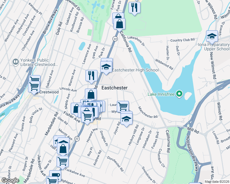 map of restaurants, bars, coffee shops, grocery stores, and more near in Eastchester
