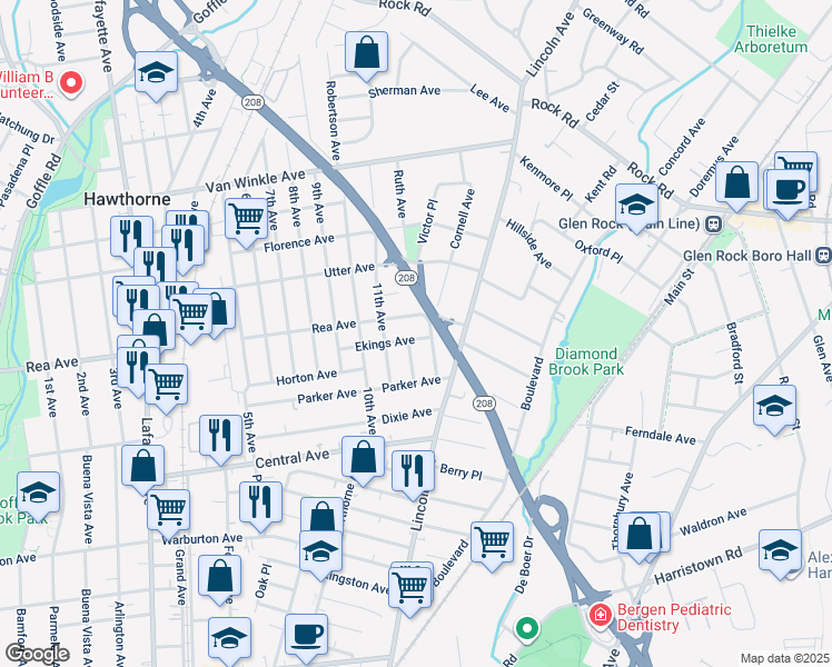 map of restaurants, bars, coffee shops, grocery stores, and more near 63 Ekings Avenue in Hawthorne