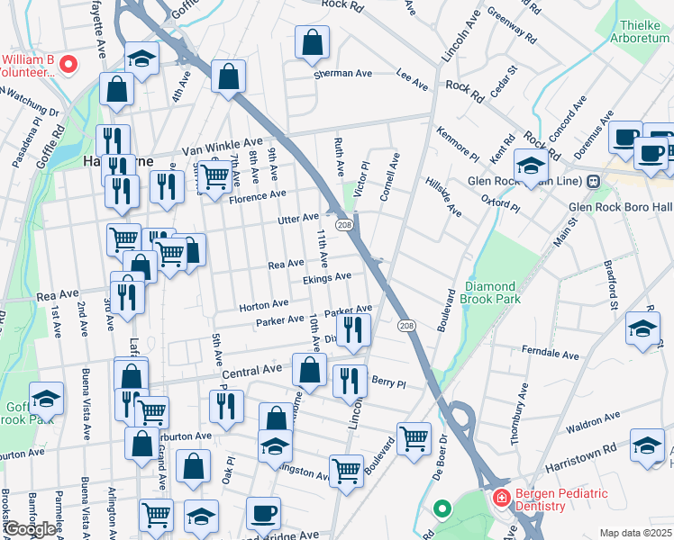 map of restaurants, bars, coffee shops, grocery stores, and more near 68 11th Avenue in Hawthorne