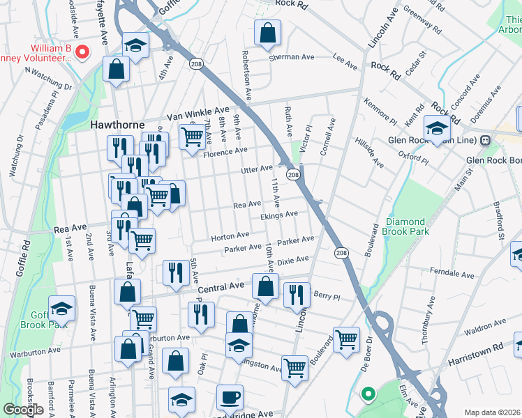 map of restaurants, bars, coffee shops, grocery stores, and more near 25 9th Avenue in Hawthorne