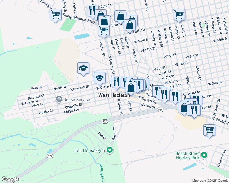 map of restaurants, bars, coffee shops, grocery stores, and more near in West Hazleton