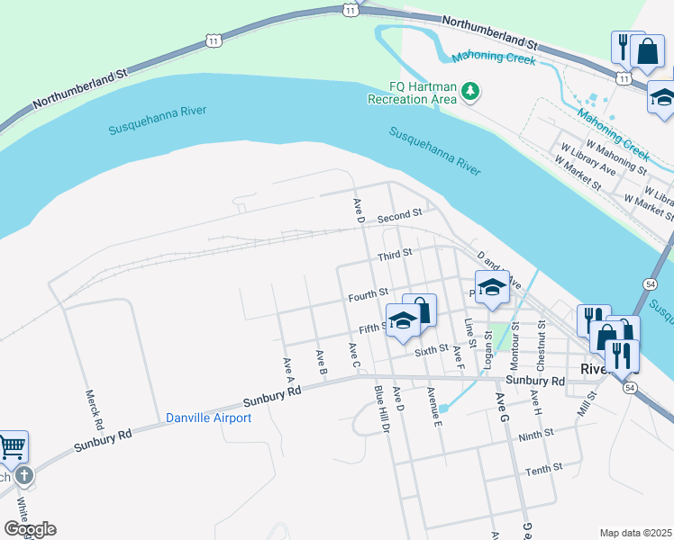 map of restaurants, bars, coffee shops, grocery stores, and more near 300-398 Ave C in Danville