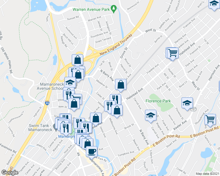 map of restaurants, bars, coffee shops, grocery stores, and more near 617 Meadow Street in Mamaroneck