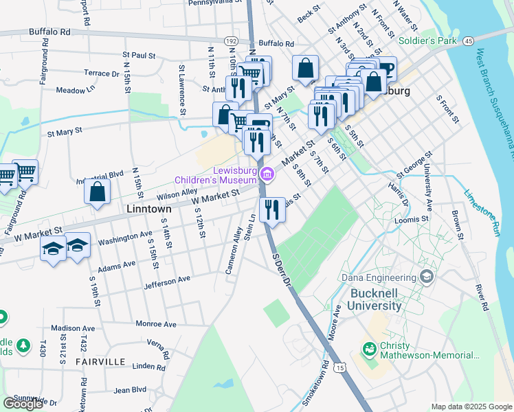 map of restaurants, bars, coffee shops, grocery stores, and more near 916 Washington Ave in Lewisburg