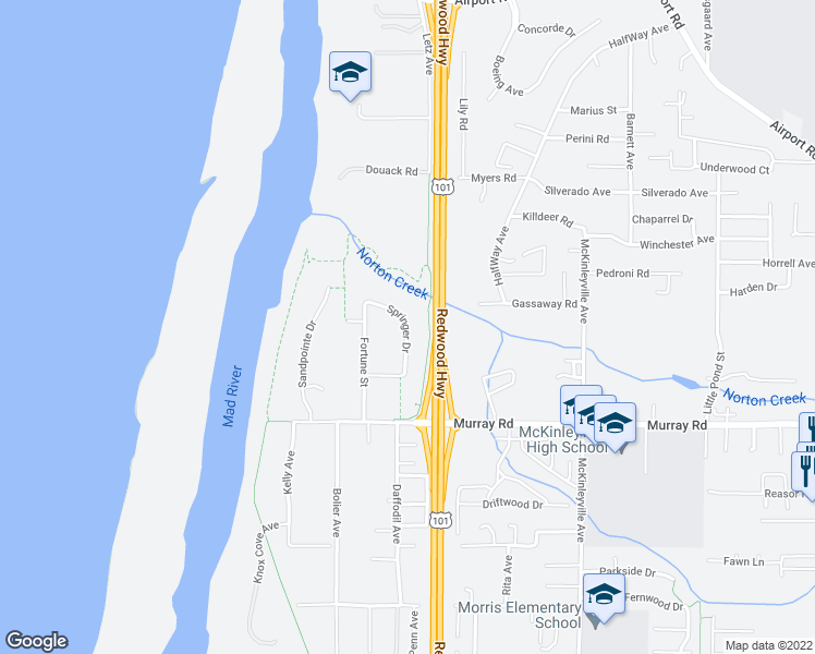 map of restaurants, bars, coffee shops, grocery stores, and more near 2961 Springer Drive in McKinleyville