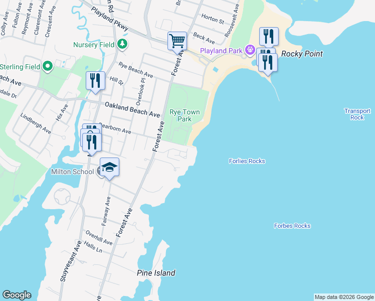 map of restaurants, bars, coffee shops, grocery stores, and more near in Rye