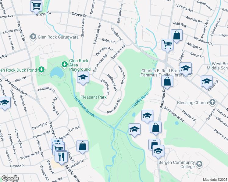 map of restaurants, bars, coffee shops, grocery stores, and more near 690 Midwood Road in Ridgewood