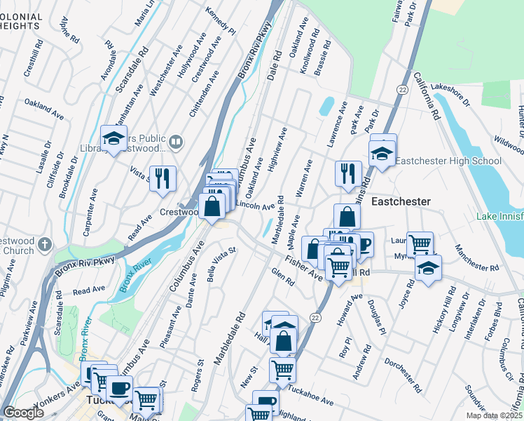 map of restaurants, bars, coffee shops, grocery stores, and more near 46 Lincoln Avenue in Tuckahoe