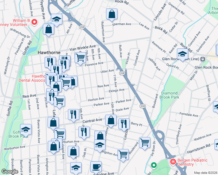 map of restaurants, bars, coffee shops, grocery stores, and more near 25 9th Avenue in Hawthorne