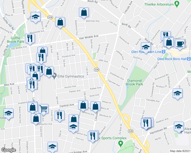 map of restaurants, bars, coffee shops, grocery stores, and more near 63 Ekings Avenue in Hawthorne