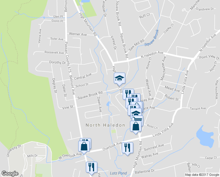 map of restaurants, bars, coffee shops, grocery stores, and more near 115 Squaw Brook Road in North Haledon