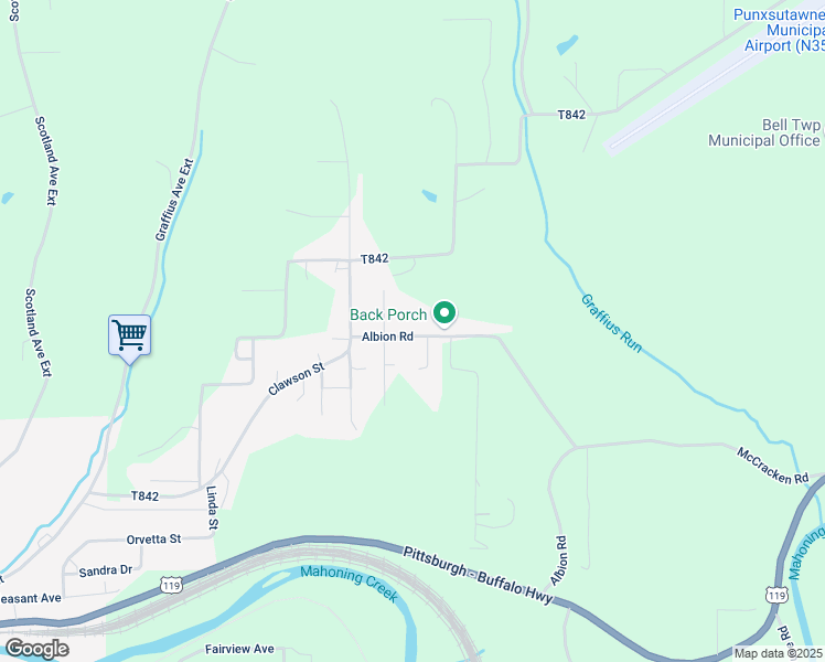 map of restaurants, bars, coffee shops, grocery stores, and more near 129 Albion Road in Punxsutawney