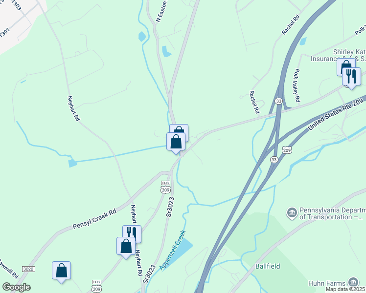 map of restaurants, bars, coffee shops, grocery stores, and more near 107 Rimrock Dr in Stroudsburg