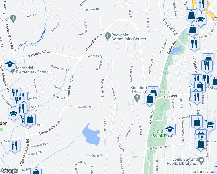 map of restaurants, bars, coffee shops, grocery stores, and more near Peach Tree Lane in North Haledon