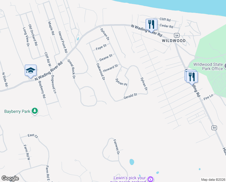 map of restaurants, bars, coffee shops, grocery stores, and more near 32 Oakwood Drive in Wading River