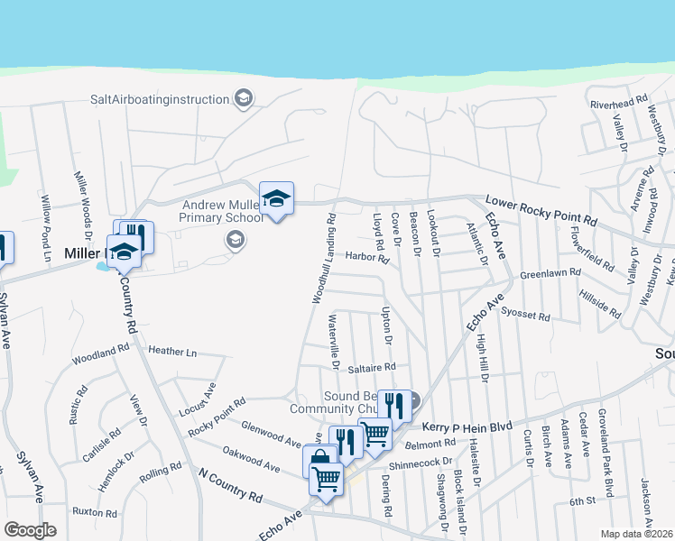 map of restaurants, bars, coffee shops, grocery stores, and more near 73 Woodhull Landing Road in Sound Beach