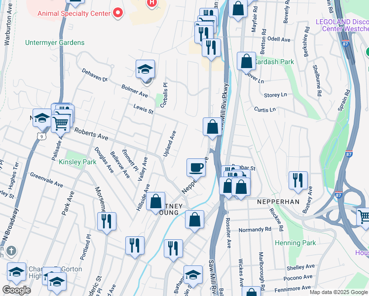 map of restaurants, bars, coffee shops, grocery stores, and more near 38 Rose Hill Terrace in Yonkers