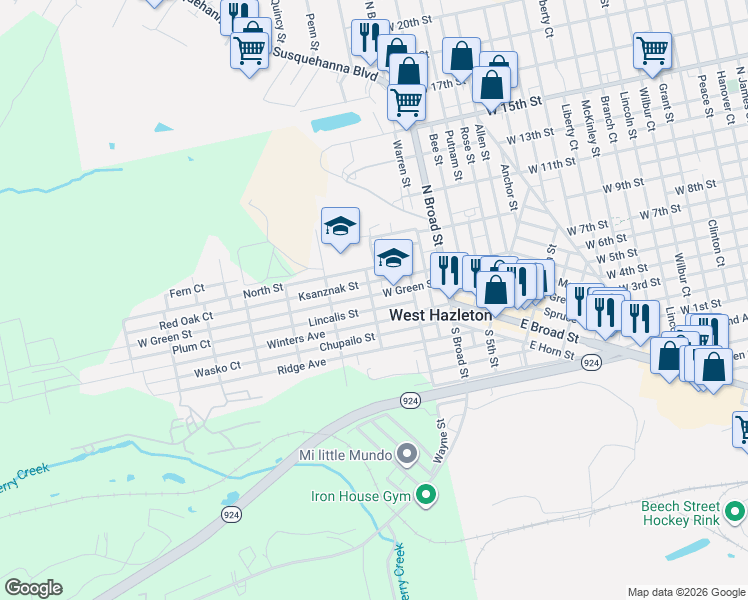 map of restaurants, bars, coffee shops, grocery stores, and more near 300 West Green Street in West Hazleton