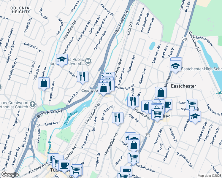 map of restaurants, bars, coffee shops, grocery stores, and more near 25 Oakland Avenue in Tuckahoe