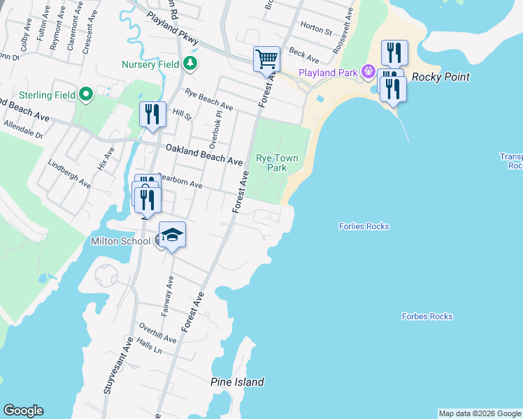 map of restaurants, bars, coffee shops, grocery stores, and more near 62 Cornell Place in Rye