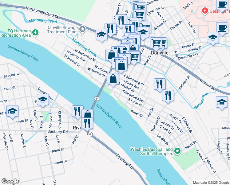 map of restaurants, bars, coffee shops, grocery stores, and more near 5 Cross Keys Place in Danville