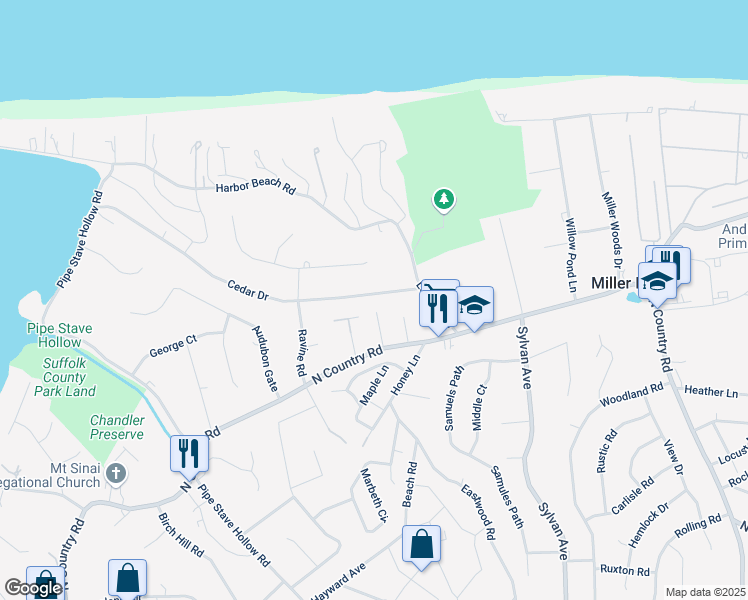 map of restaurants, bars, coffee shops, grocery stores, and more near 16 Cedar Drive in Miller Place