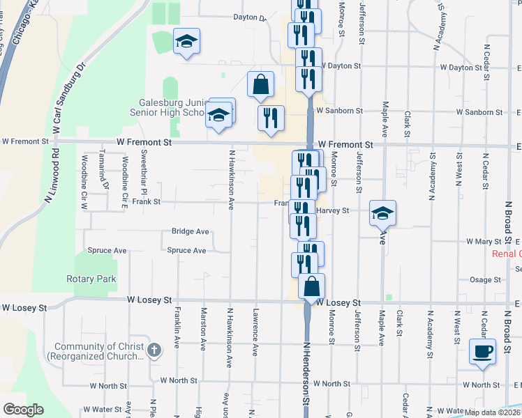 map of restaurants, bars, coffee shops, grocery stores, and more near 600-998 Olive Street in Galesburg