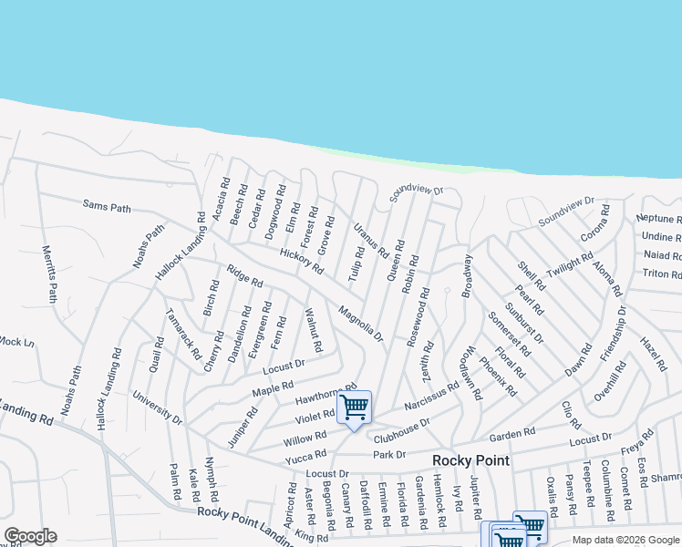 map of restaurants, bars, coffee shops, grocery stores, and more near 61 Hickory Road in Rocky Point