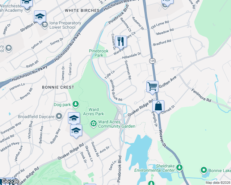 map of restaurants, bars, coffee shops, grocery stores, and more near 118 Winding Brook Road in New Rochelle