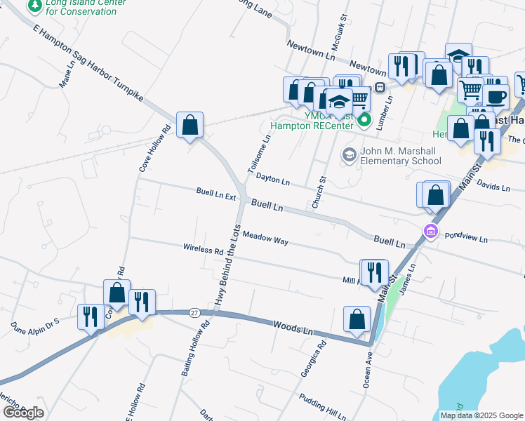 map of restaurants, bars, coffee shops, grocery stores, and more near 105 Buell Lane in East Hampton