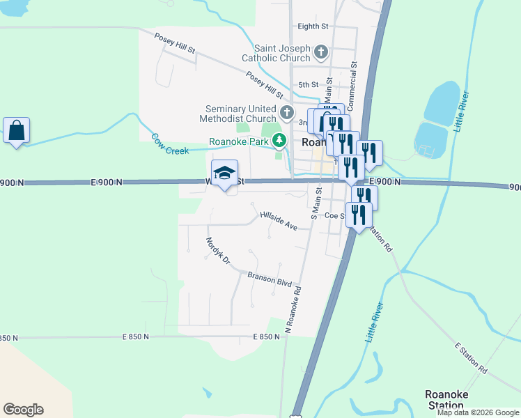 map of restaurants, bars, coffee shops, grocery stores, and more near 305 Hillside Ave in Roanoke