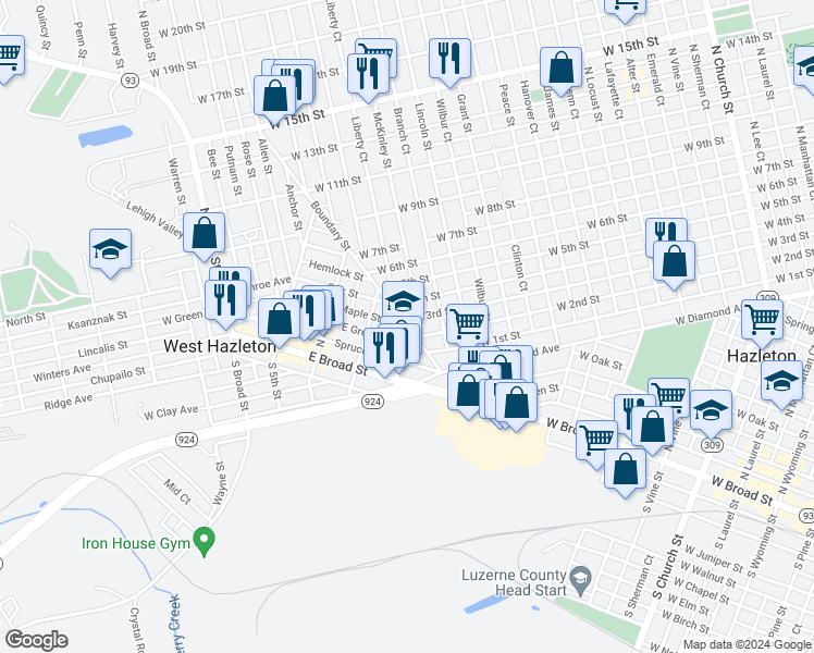 map of restaurants, bars, coffee shops, grocery stores, and more near 298 Maple Street in West Hazleton