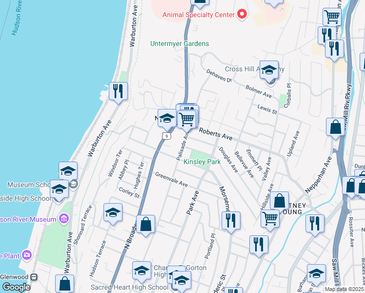 map of restaurants, bars, coffee shops, grocery stores, and more near Palisade Avenue & Chase Avenue in Yonkers