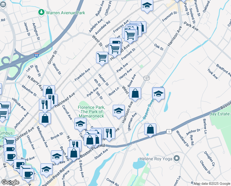 map of restaurants, bars, coffee shops, grocery stores, and more near 1409 Rose Lane in Mamaroneck