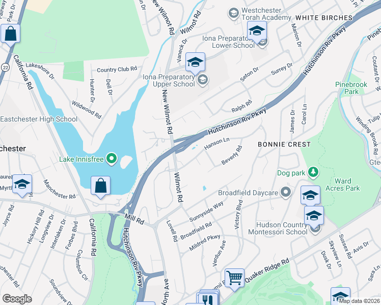 map of restaurants, bars, coffee shops, grocery stores, and more near 30 Hanson Lane in New Rochelle