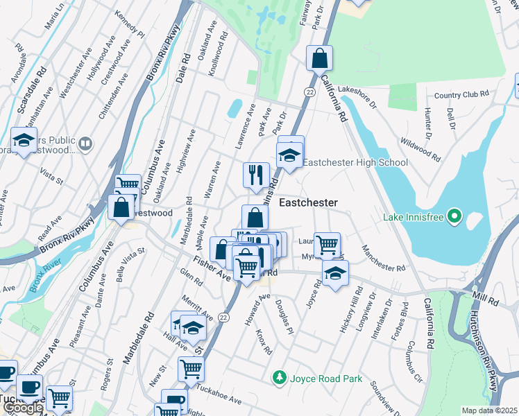 map of restaurants, bars, coffee shops, grocery stores, and more near 505 New York 22 in Eastchester