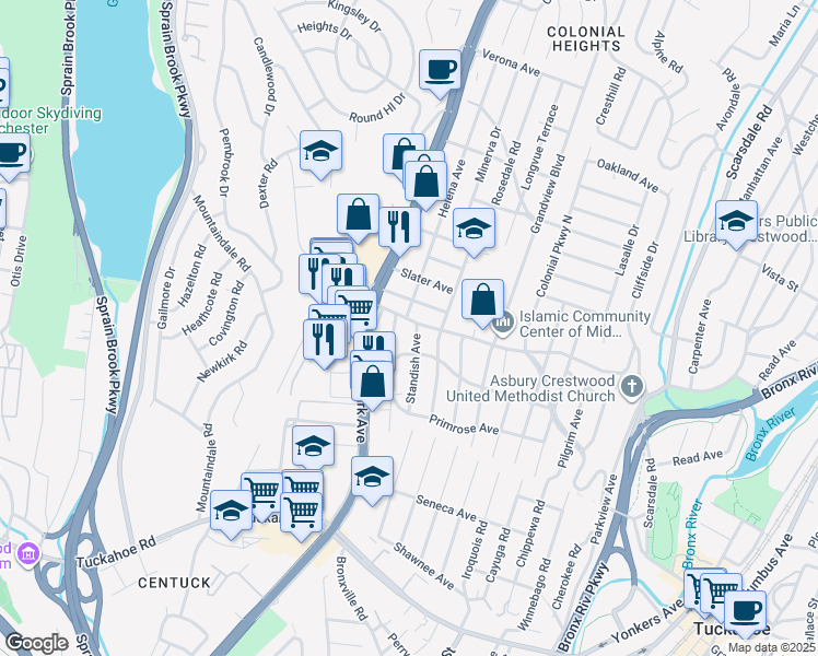 map of restaurants, bars, coffee shops, grocery stores, and more near 70 Winthrop Avenue in Yonkers