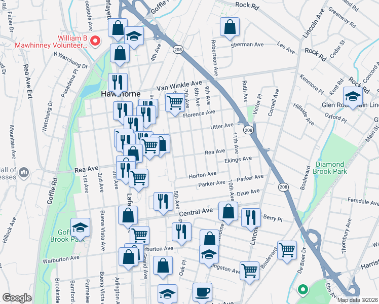 map of restaurants, bars, coffee shops, grocery stores, and more near 250 Rea Avenue in Hawthorne