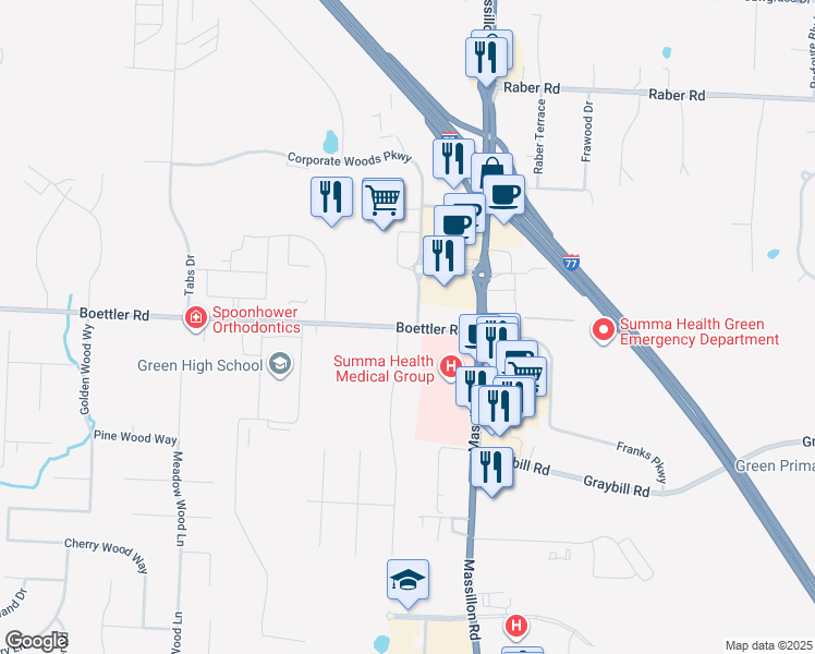 map of restaurants, bars, coffee shops, grocery stores, and more near 1650 Boettler Road in Uniontown